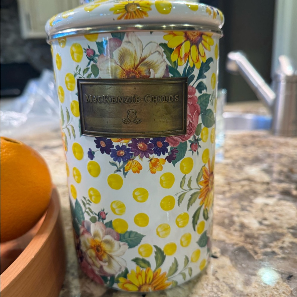 Vintage MacKenzie-Childs Yellow Polka Dot Floral Canister - Picture 2 of 9